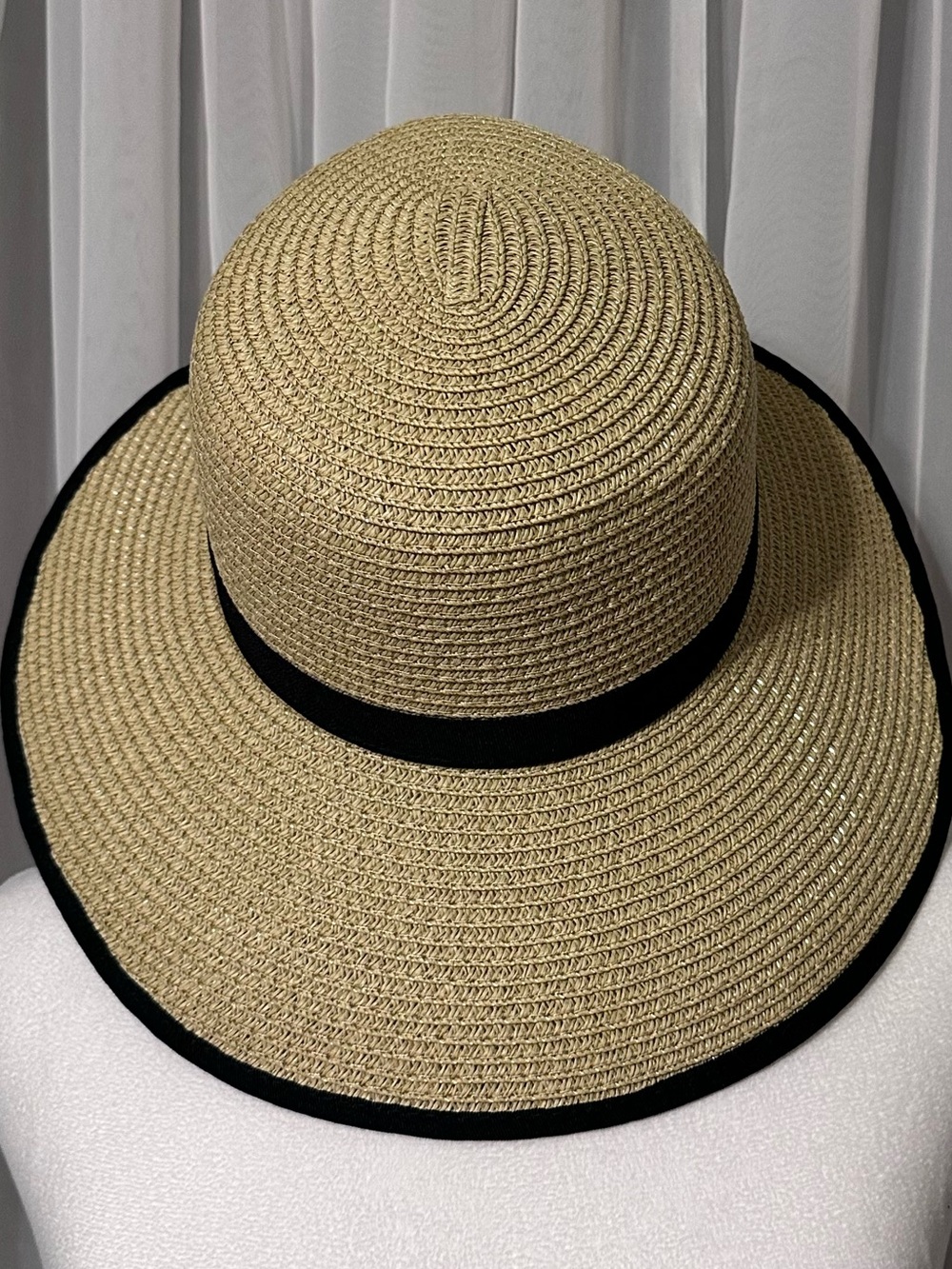 Straw Sun Hat with Black Trim and Band - Picture 3 of 9